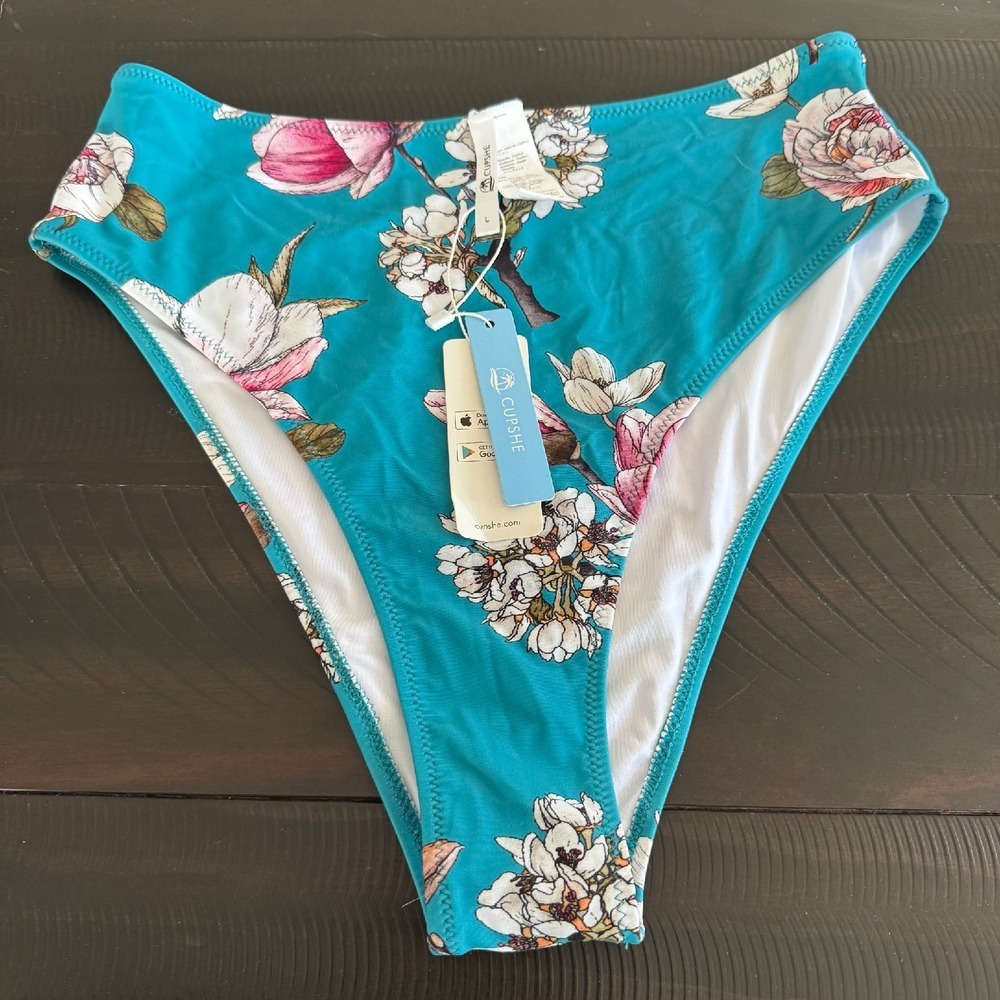 Cupshe‎ High Waist Bikini Bottom Floral Print Swimsuit Bottoms Teal L